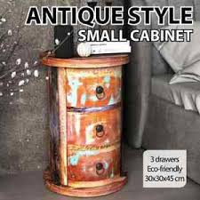 Which is the best end table with drawer? Reclaimed Solid Wood Round Storage Cabinet 3 Drawers Side Table Antique Vintage Ebay