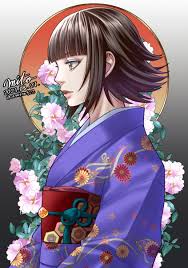 mito amatsu, hiyama shunka, kengan (series), kengan ashura, character  request, highres, 1girl, artist name, blunt bangs, brown eyes, brown hair,  dated, floral print, flower, japanese clothes, kimono, medium hair,  profile, purple kimono,