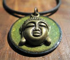 Buddha Necklace, Copper Enamel Olive Green, Buddha Pendant, Buddha Jewelry 