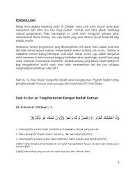 Dikisahkan sebelum nabiyullah ibrahim 'alaihissalam adalah nabi yang sangat dermawan ia biasa menyembelih seribu ekor domba, tigaratus lembu dan seratus ekor unta untuk sabilillah, banyak orang yang berdecak kagum bahkan para malaikatpun menganguminya. Kertas Kerja Ibdat Korban 2013