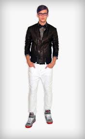D G Black Side Zip Leather Jacket Black Check Shirt Black Bow Tie Dark Rimmed Glasses Black Leath Leather Jacket Zipped Leather Jacket Black Check Shirt