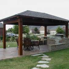 Perfect Outdoor Summer Kitchen In Gazebo With Brick Kitchen Cabinet Grill And Pleasant Chair Set And Wooden Gazeb Backyard Pavilion Patio Design Backyard Patio