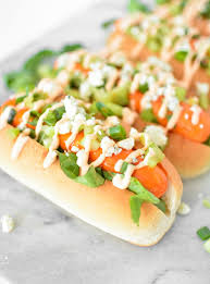 Lighter Buffalo Chicken Hot Dogs Recipe Hot Dogs Hot Dog Recipes Chicken Hot Dog