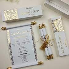 Elegance Handmade Custom Design Real Gold Foil Imprinted Scroll Invitation Boxed Embossed Wedding Invitation Holographic Foil Print Scroll Wedding Invitations Embossed Wedding Invitations Indian Wedding Invitation Cards