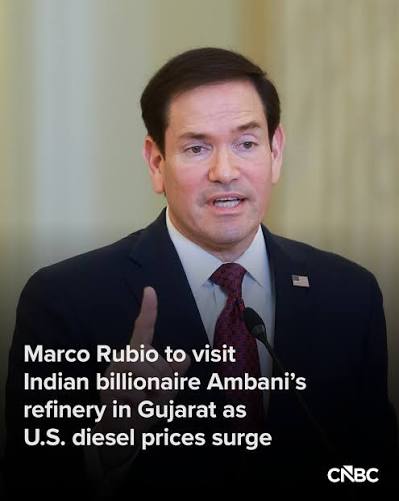 U.S. Secretary of State Marco Rubio is set to visit the world's largest oil  refinery in Jamnagar, India, owned by billionaire Mukesh Ambani's Reliance  Industries, as diesel prices surge ahead of U.S.