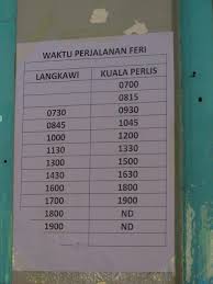 Feri yang bertolak dari jeti kuala perlis ke langkawi bermula seawal jam 7.00 pagi dan yang terakhir biasanya bertolak pada pukul 7.00 petang sebanyak lebih kurang 8 trip keseluruhannya melainkan ada disediakan extra trip kerana permintaan. A Trip From Penang To Langkawi By Bus And Ferry Mid 2014 Tropical Expat