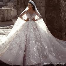 Luxuriours A Line Royal Wedding Dresses Dubai Saudi Arabic Modest Long Sleeves Bling Long Sleeve Ball Gown Wedding Dress Ball Gowns Wedding Sheer Wedding Dress