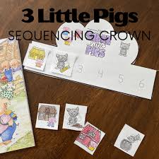 When your kids make a three little pigs sequencing crown, they'll put events from the story in order as they make a paper crown they can wear. Free Printable Three Little Pigs Sequencing Crown