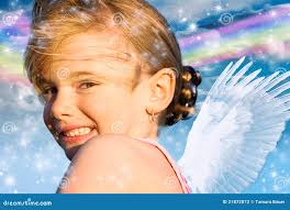 Angel girl with rainbow stock photo. Image of cheerful