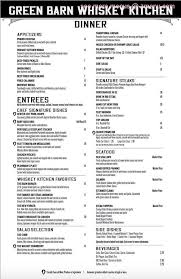 menu of green barn whiskey kitchen