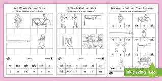 The first page shows 100 words from 115, which end in tch: Tch Sound Cut And Stick Worksheet Teacher Made