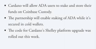 It is the third project to get listed on the platform in 2021. Cardano Staking Coming To Coinbase