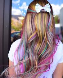 Blue Pink And Purple Peekaboo Highlights On Blonde Hair Peekaboo Hair Braiding Hair Colors Hair Highlights