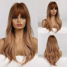 28inches Synthetic With Bangs Midsplit Wigs Ombre Brown Wigs Long Natural Wave Hair Party Costume Wigs For Halloween State Gift In 2021 Long Hair Waves Loose Waves Long Hair Real Hair Wigs