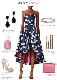 Elegant Outfit For A Wedding Guest Navy Blue Strapless Dress With Pink Accessories Weddingg Floral Blue Dress Black Tie Dress Wedding Navy Blue Floral Dress