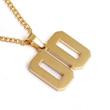 Flat charm design with red and white baseball number. Golden Jersey Number Pendant And Chain Baseball Legend Apparel