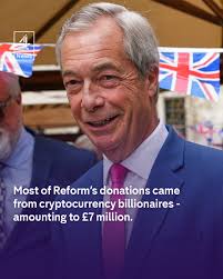 Reform UK received almost £10 million in private donations for the first  three months of 2026, more than any other party, and majority of it came  from cryptocurrency billionaires. Billionaires Christopher Harborne