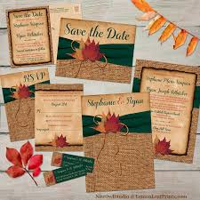 Rustic Autumn Leaves Wedding Invite On Simulated Burlap With Hunter Green Printed On Ribbon Hunter Green Wedding Wedding Leaves Wedding Themes Rustic