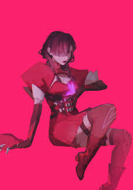 psylocke, psylocke (blood kariudo), marvel, marvel rivals, x-men, highres,  1girl, black hair, breasts, dress, gloves, hair over one eye, haji  (haji07lo), long hair, looking at viewer, medium breasts, official  alternate costume, solo -