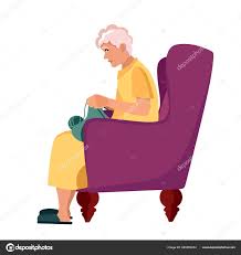 Yaşlı kadın sandalyeye oturmuş örgü örüyor. Yaşlı insanlar çizgi film  karakterleridir. Yaşlılık. Beyaz arkaplanda izole edilmiş düz bir biçimin  vektör illüstrasyonu ©shmakova 480203454e ait Stok Vektör