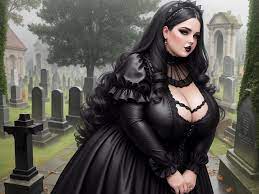 highest resolution photo: fat ssbbw, gothic outfit, on cemetry a rainy day,