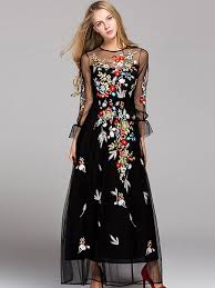 Black Embroidered Floral Pattern High Waist Maxi Dress Elegant Maxi Dress Prom Outfits Maxi Dress