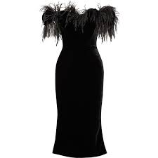 Marchesa Off The Shoulder Feather Trimmed Velvet Midi Dress 3 795 Liked On Polyvore F Off Shoulder Cocktail Dress Feather Cocktail Dress Velvet Midi Dress