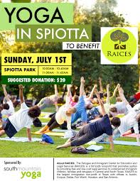 The class is 60 minutes and is offered in a room heated to around 80 degrees. Yoga In Spiotta Park To Benefit Refugee And Immigrant Center Raices The Village Green
