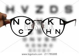 myopia correction glasses on the eye chart letters poster id