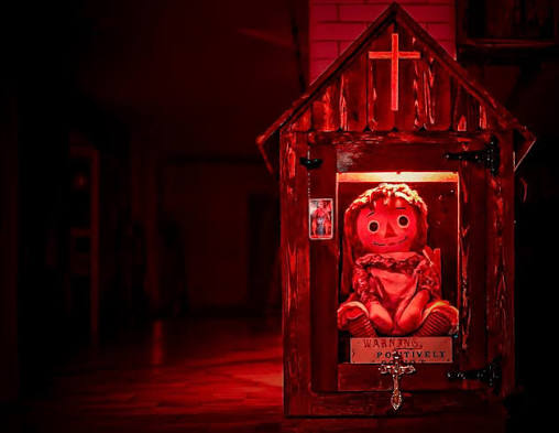 The real life Annabelle doll from Ed and Lorraine Warren's museum. The doll  is stored in a special case that is blessed regularly. To be able to see  this legendary haunted doll