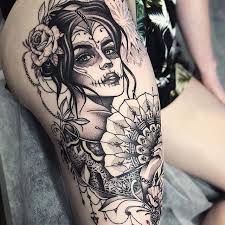 Sugar Skull Girl Thigh Tattoos Women Skull Girl Tattoo Girl Leg Tattoos