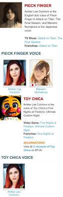 Amber lee connors — adventure toy chica's voice 00:29. Pieck Finger Amber Lee Connors Is The English Dub Voice Of Pieck Finger In Attack On Titan The Final Season And Manami Numakura Is The Japanese Voice Tv Show Attack On Titan