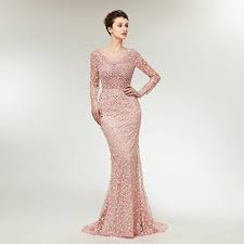 Leyidress Womne S Pink Pearl Lace Crystal Mermaid Evening Dresses Party Long Sleeve Prom Dresses Bridal Pageant Gown Us 2 16 Mermaid Evening Dresses Trendy Dresses Dresses