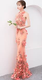 Salmon Pink Tight Gown With Embroidered Flowers Orange Evening Dresses Pink Long Dress Lace Bodycon Dress