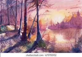 Watercolor painting of pine trees in forest, nature landscape image, digital watercolor illustration, art for wall. Painting Water Color Forest Landscape Watercolor Stock Illustration 673755952