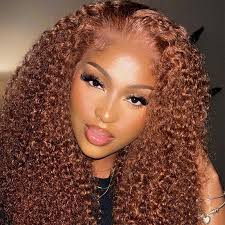 Klaiyi Medium Auburn Brown Jerry Curly Lace Front Ginger Color Wigs