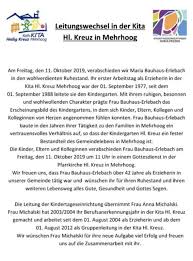 Jun 04, 2021 · erzieherin brigitte krüger quittiert nach 39 dienstjahren ihren dienst als erzieherin in der kita holthusen. Abschied Nach 42 Dienstjahren Am Freitag 11 Oktober Um 11 Uhr In Der Pfarrkirche Hl Kreuz In Mehrhoog Maria Bauhaus Erlebach Leiterin Der Mehrhooger Heilig Kreuz Kita Geht In Den Ruhestand Hamminkeln