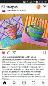 Coffee Mug Artwork Strong Lines Bold Colors That Recall Warmth Winter Art Classes Artwork Elementary Art Projects Winter Art Lesson Art Lessons Elementary