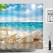 Amazon Com Sylbapestry Beach Shower Curtain Fabric Washable Seashell Starfish Bathroom In 2020 Beach Shower Curtains Seashell Shower Curtain Nautical Shower Curtains
