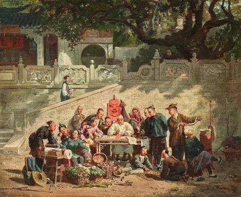 Public writer and merchants in front of the Macao temple - Galerie Ary Jan - Galerie d'art à Paris 8