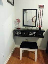 I Made The Floating Shelves For This Vanity Made The Bow Holder Reupholstered The Stool Spray Painted A Lime Green Jewelry Vanity Decor Decor Vanity Shelves