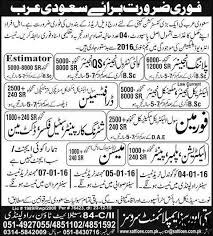Engineers Foreman Jobs Opportunities For Construction Company Saudi Arabia Jobs In Pakistan Karachi Lahore Raw Jobs In Pakistan Job Opportunities Job Ads