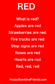 Kids Poem Red Color Ended Up A Song Https Www Youtube Com Watch V Tjct Fq32rm Color Red Activities Color Songs Red Song
