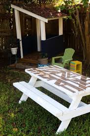 Diy Kids Picnic Table With A Geometric Painted Top Love Renovations Kids Picnic Table Picnic Table Kids Picnic
