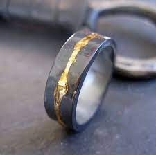 14k Yellow Gold Sterling Silver Mixed Metal Ring Custom Wedding Band 8mm Hammered Mens Ring Oxidized Silver Viking Wedding Ring Viking Wedding Ring Rustic Mens Wedding Rings Mens Wedding Rings Unique