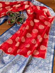 Soft fabric :banrasi silk saree for women color:blue ; Banarasi Organza Saree With Silver Zari Weaving Red Blue Banarasi Kargha