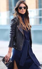 Preppy Fashion Leather Jacket Blue Long Dress Black Leather Clutch Stylish Street Style Winter Outfits Fashion