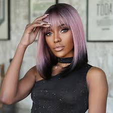 Women's Short Synthetic Wigs with Bangs Pink Black Ombre Straight Bob Daily  Use