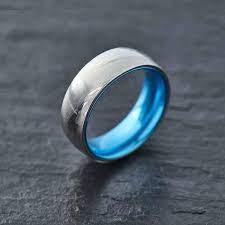 Wood Grain Damascus Steel Ring Resilient Blue Damascus Steel Ring Mens Wedding Bands Tungsten Mens Wedding Bands Unique