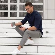 Men S Navy Long Sleeve Shirt Grey Wool Dress Pants White Low Top Sneakers Dark Brown Watch Mens Outfits Mens Fashion Casual Mens Casual Outfits